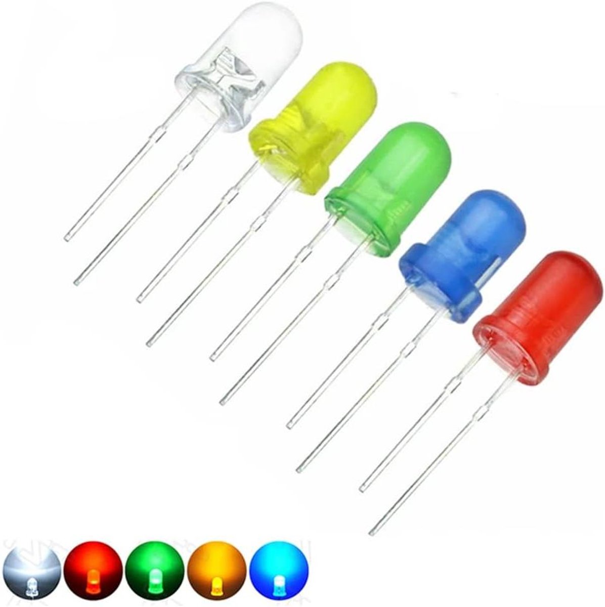 Inovra - LED licht diffus diodes kit 100 stuks | 5 mm | 5 kleuren | wit rood geel groen blauw | emitterende gemengde set